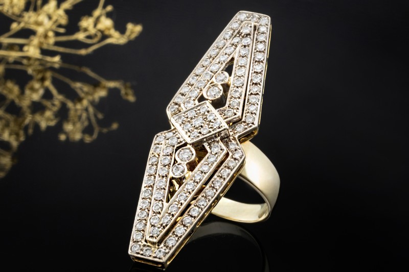 Langer Art déco Ring mit Diamanten Goldschmiedearbeit Gelbgold Weißgold 