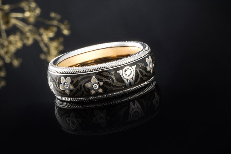 Wellendorff Ring Drehring Blütenengel Schwarz mit Diamanten Weißgold 750 