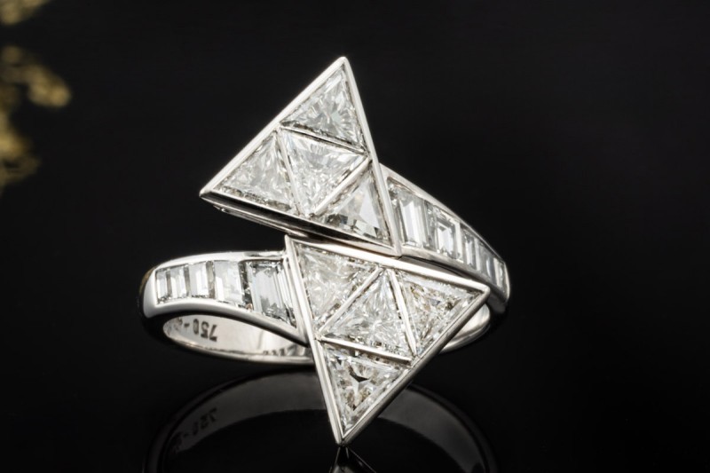 Exklusiver Designer Ring Dreiecke mit Diamanten Handarbeit Weißgold 750 