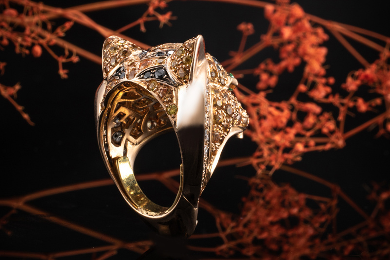 Tiger Panther Design Ring Citrin Brillanten schwarz weiß Smaragd Rotgold 