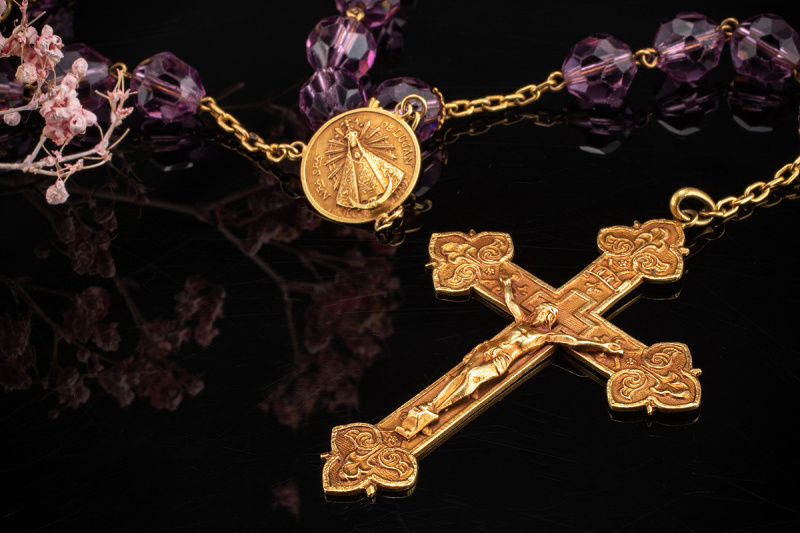 Rosenkranz Collier Kette Kreuz "nra sra de lujan" Amethyst Gelbgold 750 