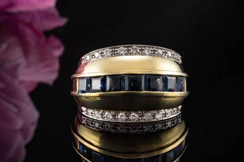 Ring mit Saphir eckig und Diamanten Brillanten Gelbgold Weißgold Bicolor 