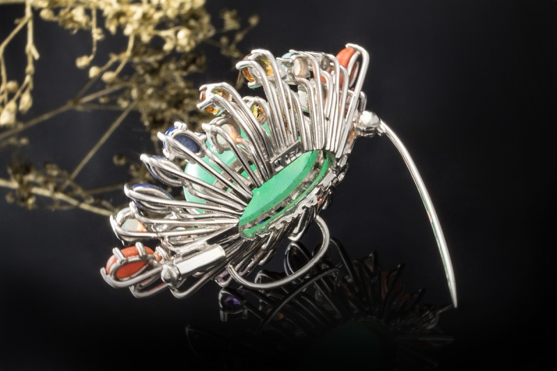 Chrysopras Brosche mit Koralle Lapislazuli Opal Edelsteinen Weißgold 750 