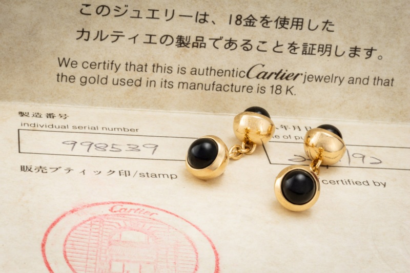 Cartier Manschettenknöpfe mit Onyx Kugeln Schwarz Gelbgold 750 Full Set 