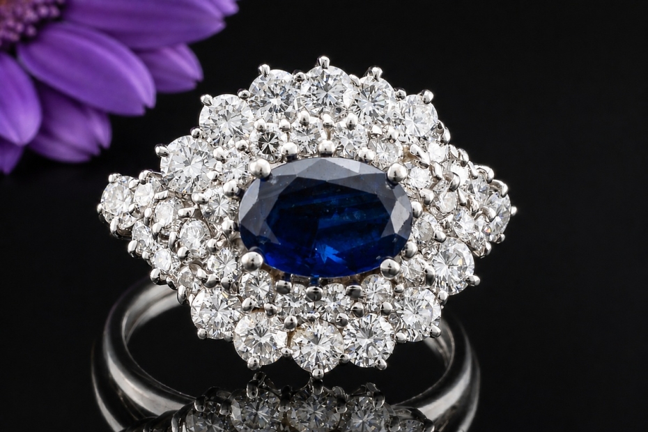 Ring Klassische Weißgold Arbeit mit Saphir im Ovalschliff und Diamanten 