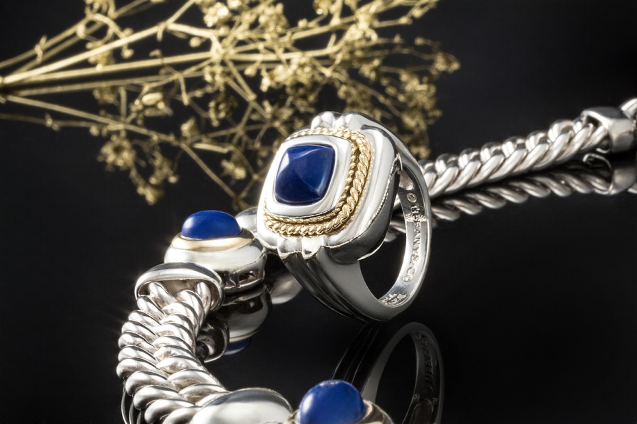 Tiffany & Co Schmuckset Vintage Collier Ring Lapislazuli Silber und Gold 