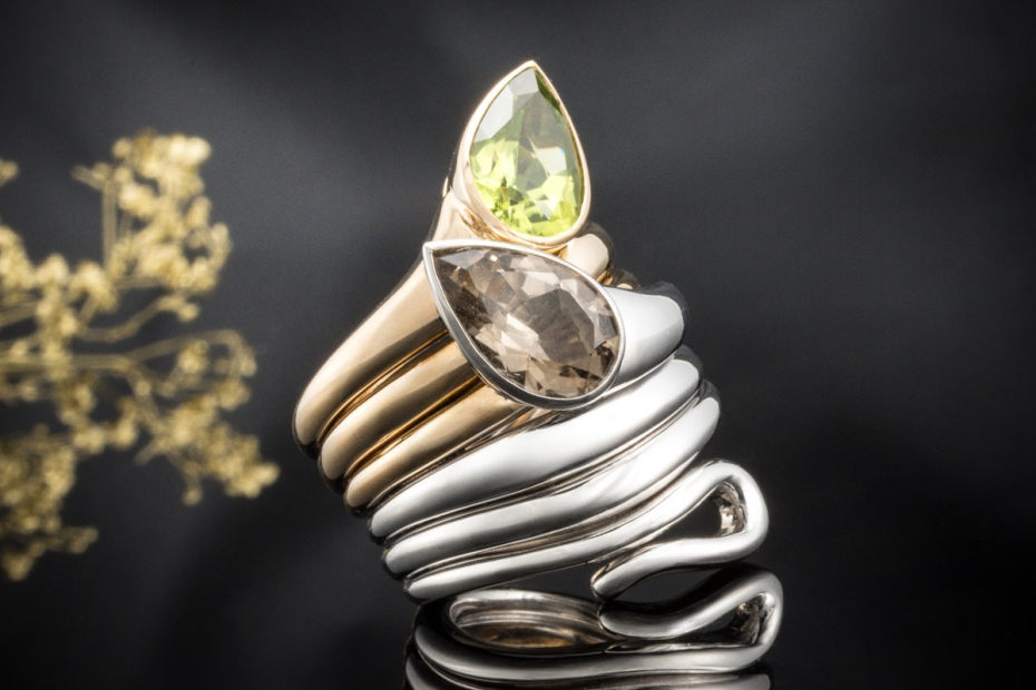 Georg Hornemann Ring Schlange Peridot Rauchquarz 750er Roségold Weißgold 
