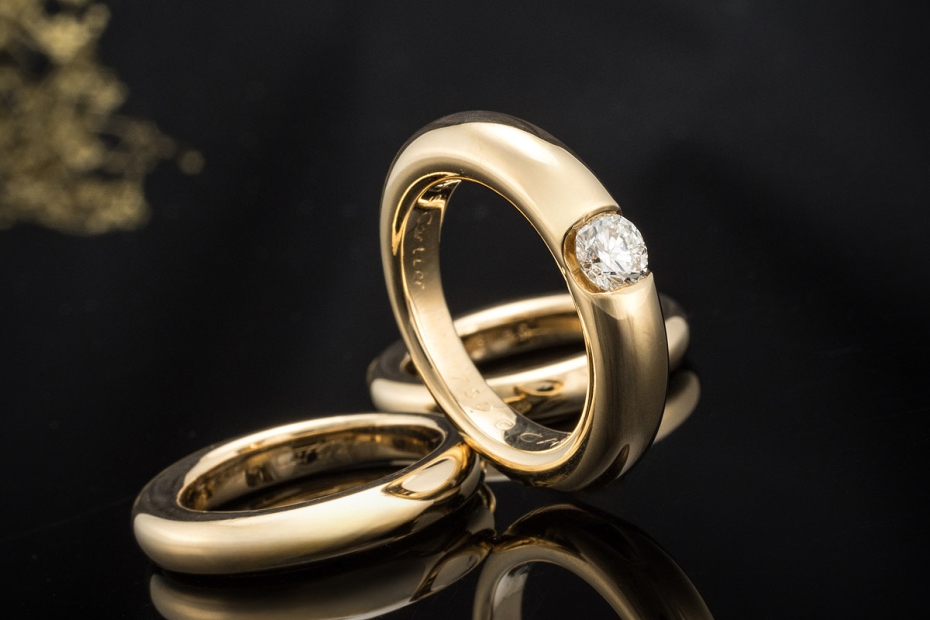 Cartier Ellipse 3 Ringe Solitär Diamant Bandring gestapelt Gelbgold 750 