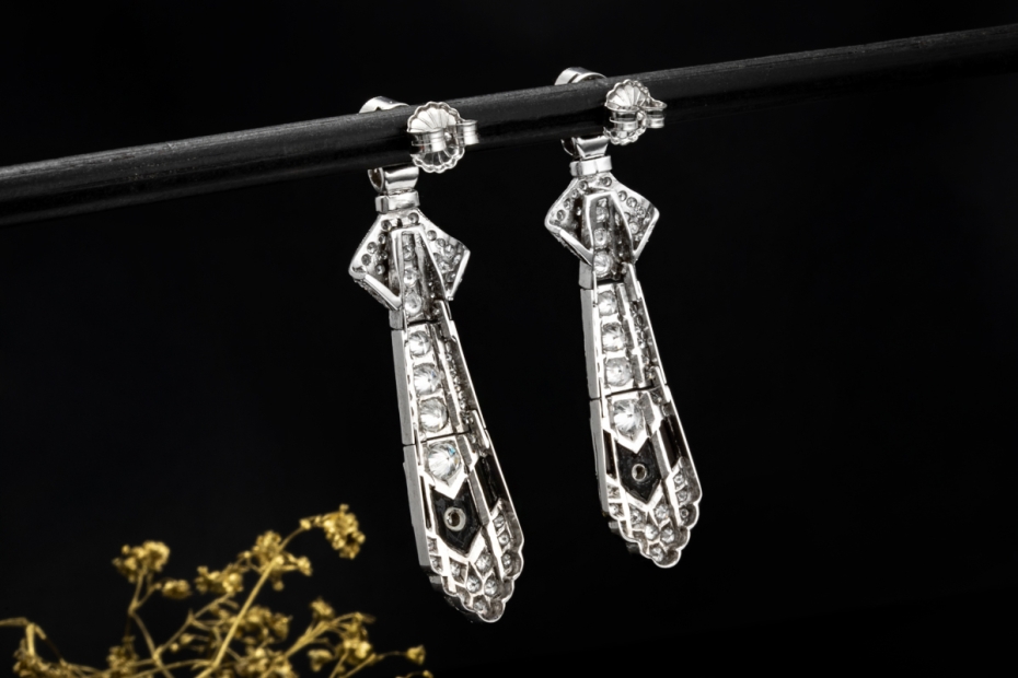 Vintage Art déco Ohrringe Ohrhänger mit Diamanten und Onyx Platin 950 