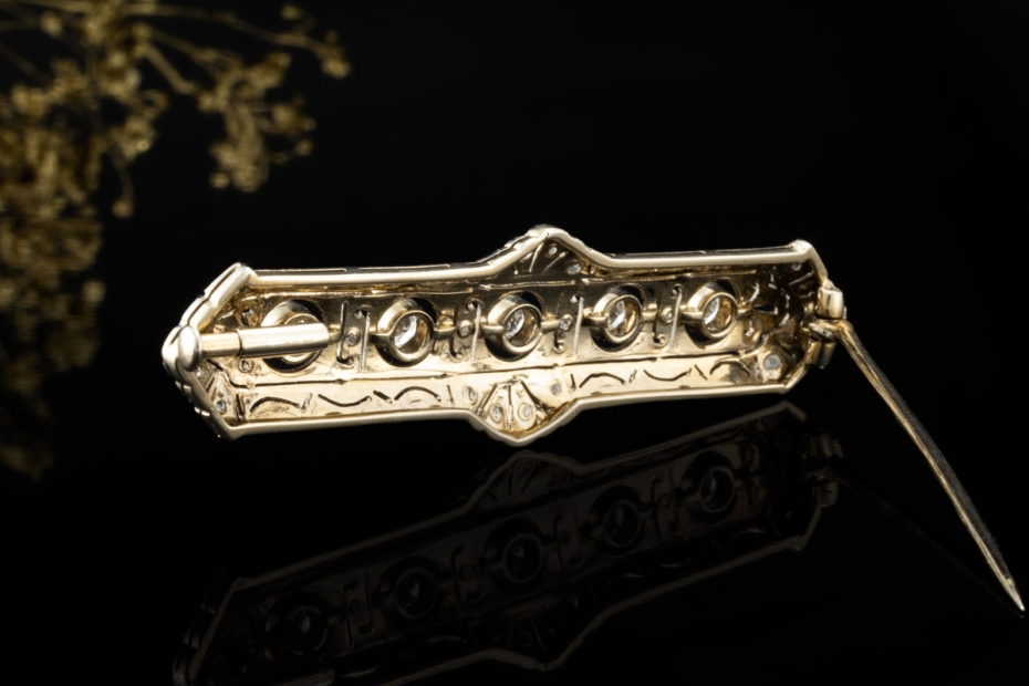 Lange Art Déco Brosche Nadel Diamanten Goldschmiedearbeit Weißgold Gold 