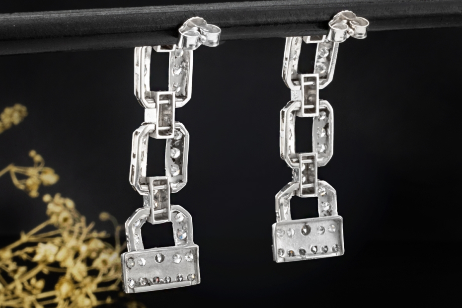 Art Déco Ohrringe Ohrstecker beweglich mit Diamanten in 585er Weißgold 