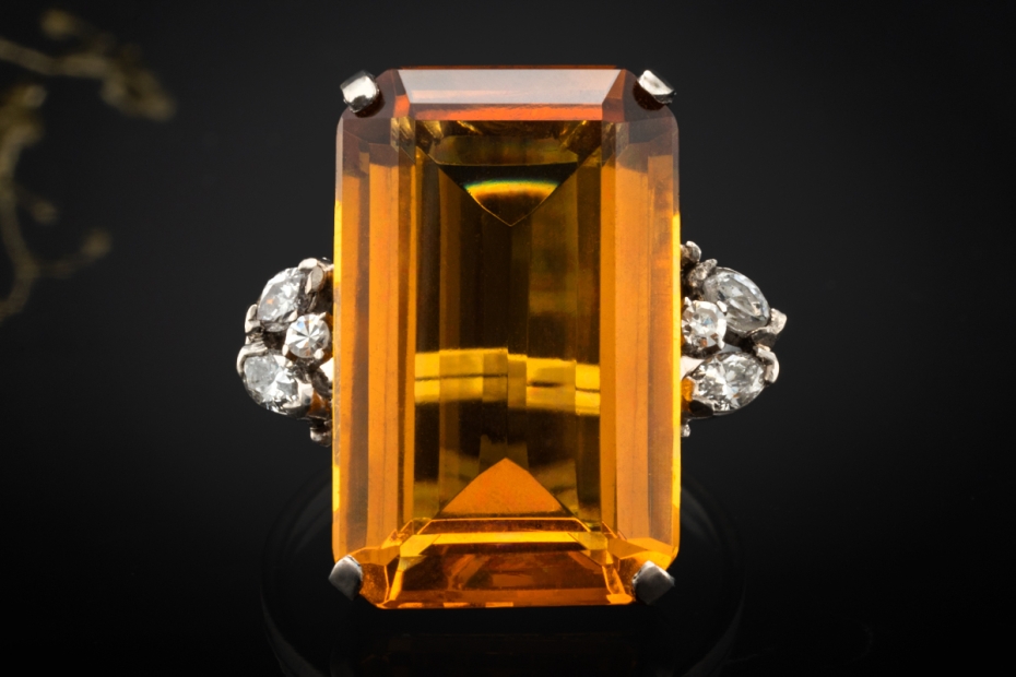 Ring im Art Déco Stil mit Citrin und Diamanten 750er Weißgold Handarbeit 