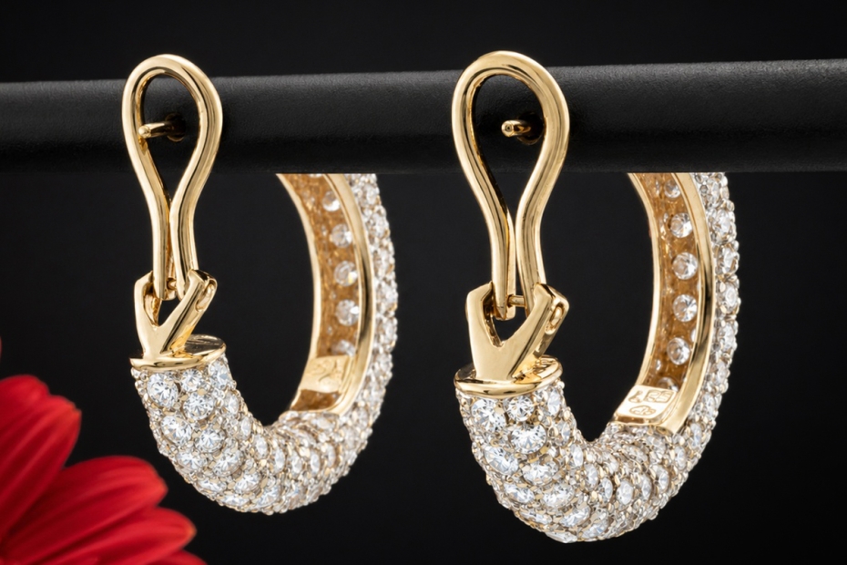 Luxuriöse Creolen Ohrstecker mit Clips und Diamanten in 750er Gelbgold 