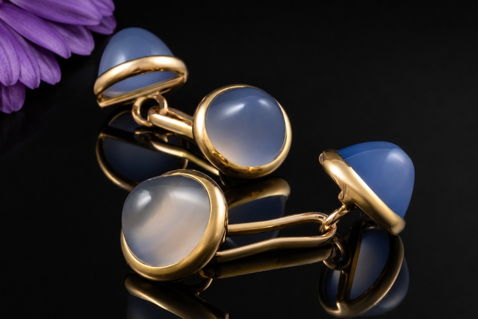Blaue Manschettenknöpfe mit Chalzedon Cabochons Gelbgold 585 Handarbeit 