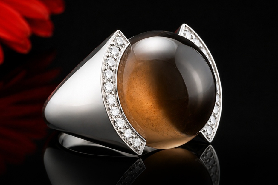 Cartier Vintage Ring mit Rauchquarz Cabochon und Diamanten Weißgold 750 