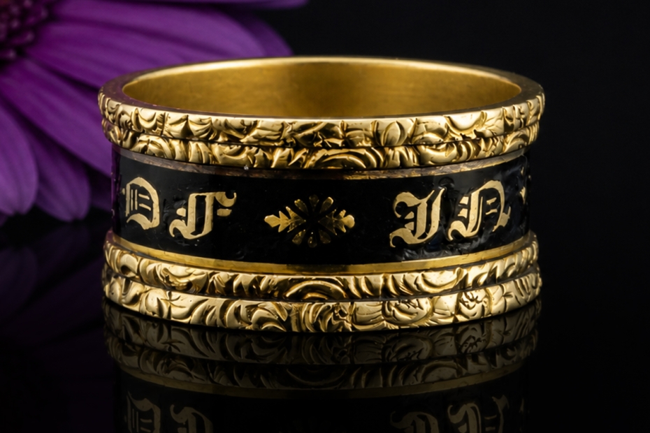 Antiker Trauerring Mary Christmas 1818 Ring Schwarz Gold in Gelbgold 750 