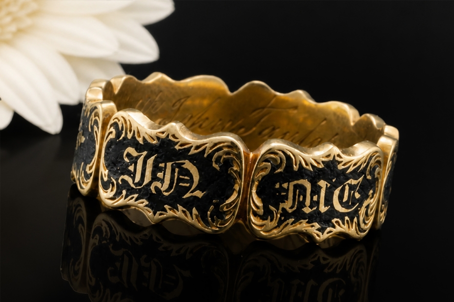 Antiker Trauerring John Taylor 1846 Ring Schwarz Gold in Gelbgold 750 
