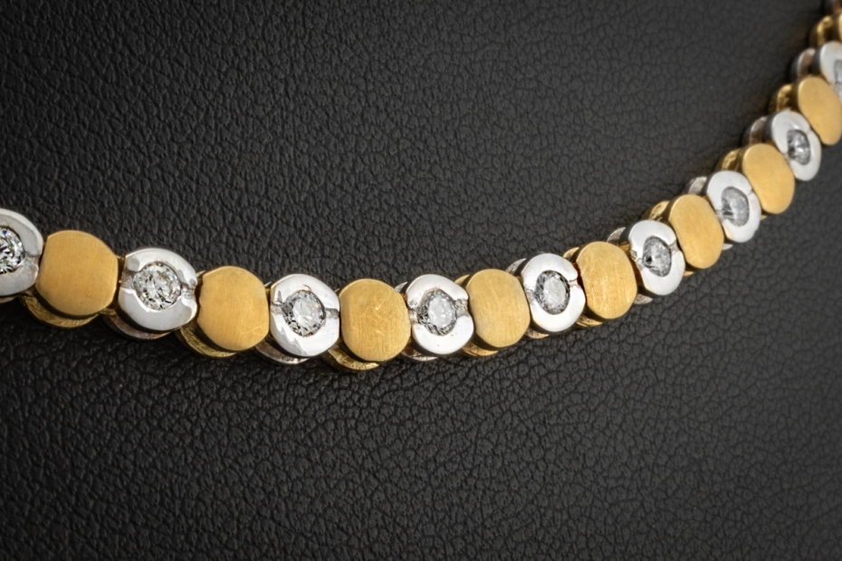 Tenniscollier Kette mit Diamanten Handarbeit in 750er Gelbgold Weißgold 