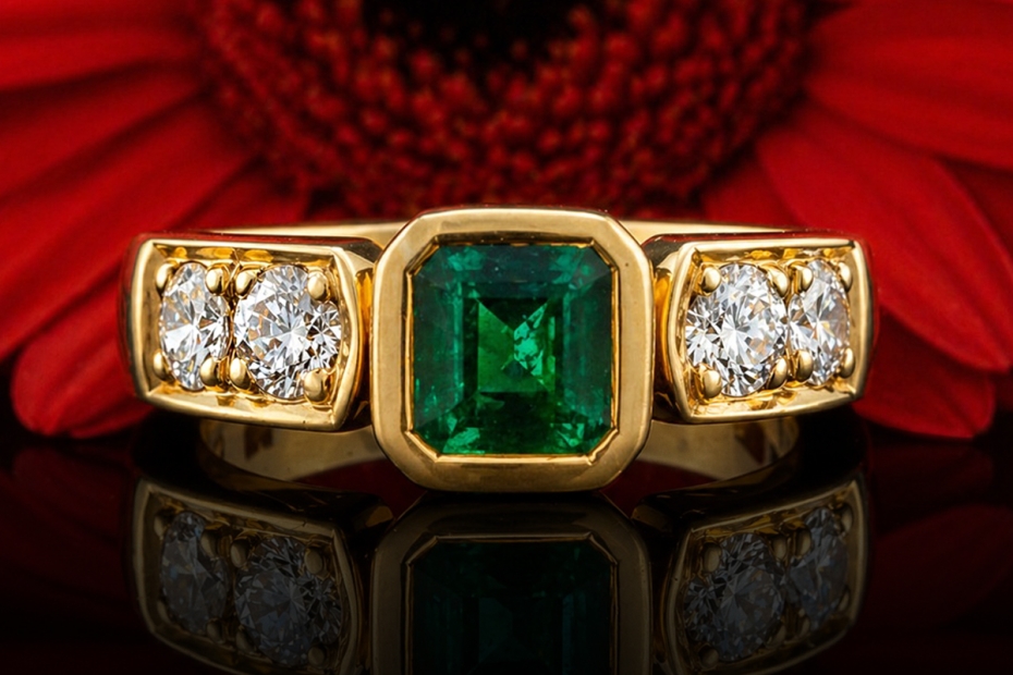 Klassischer Ring mit farbintensivem Smaragd und Diamanten in 750er Gold 