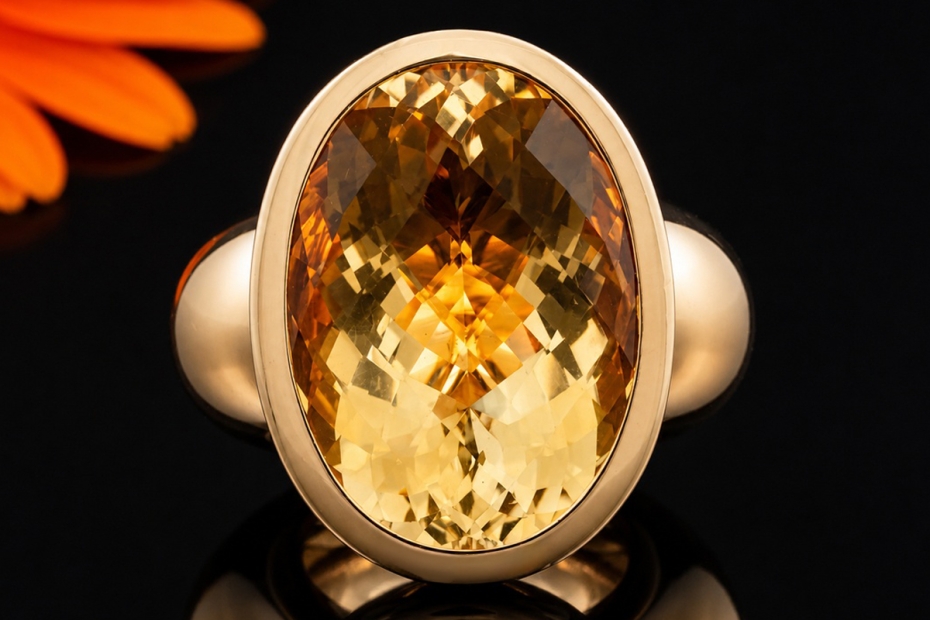 Schubart Citrin Ring Großer Cocktailring Massive Roségold 750 Handarbeit 
