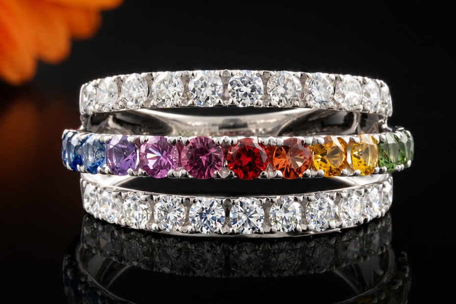 Regenbogen Ring Offenes Design Bunte Saphire und Diamanten Weißgold 750 