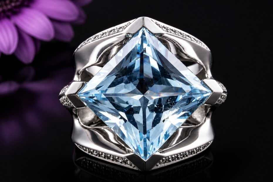 Großer Ring mit Princess Aquamarin und Diamanten in Weißgold Handarbeit 
