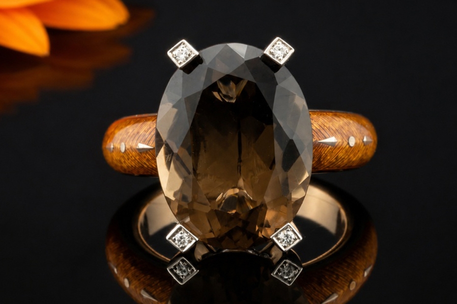 Victor Mayer Ring Cocktailring Rauchquarz und Diamanten in Gelbgold 750 