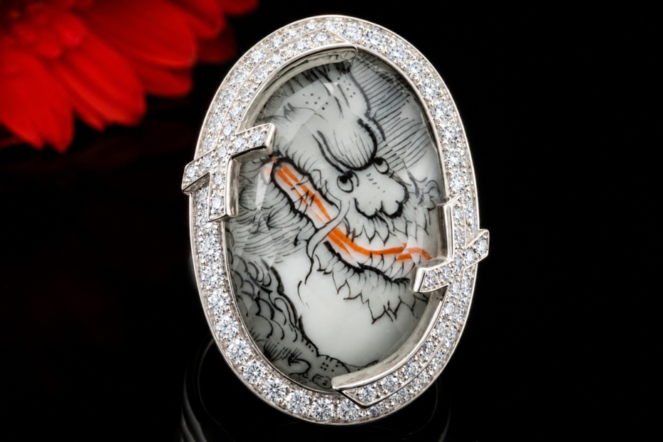 Meissen Ring Mystery Ming Drache Bemaltes Porzellan Weißgold Handarbeit 