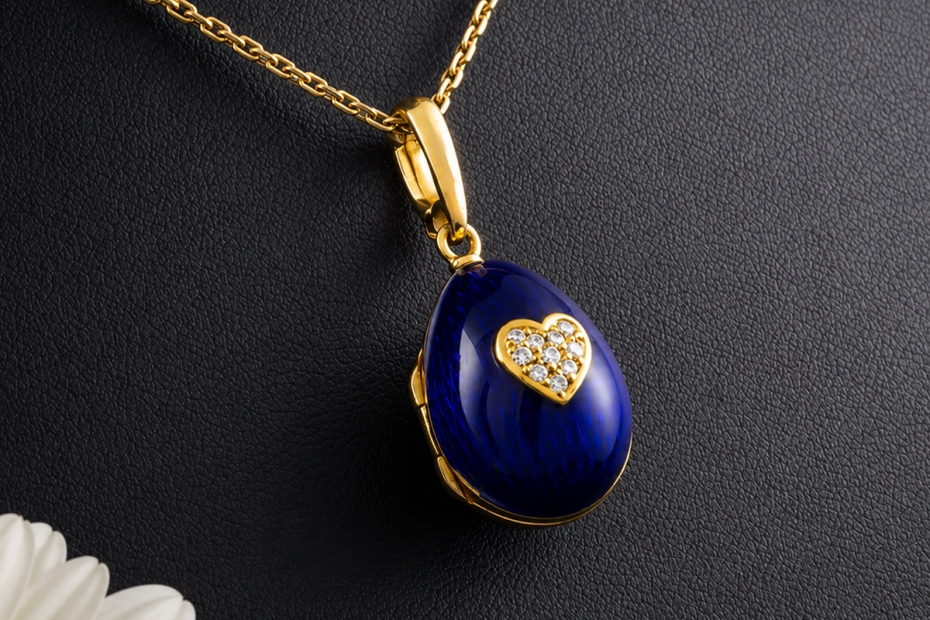 Fabergé Anhänger Gold Ei-Medaillon Herz Versteck Diamanten Emaille Blau 
