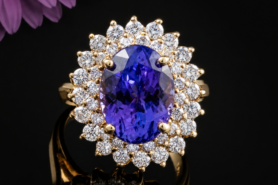 Entouragering Amethyst Cocktailring mit Diamanten in Gelbgold Handarbeit 
