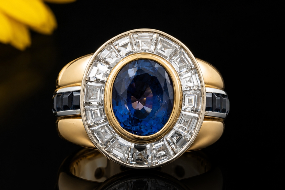 Prunkvoller Ring mit Saphir und Diamanten Massive 750er Gold Handarbeit 