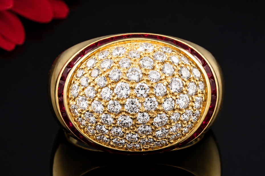 Ovaler Pavé Diamant Ring mit Rubinbesatz Gelbgold 750 Goldschmiedearbeit 