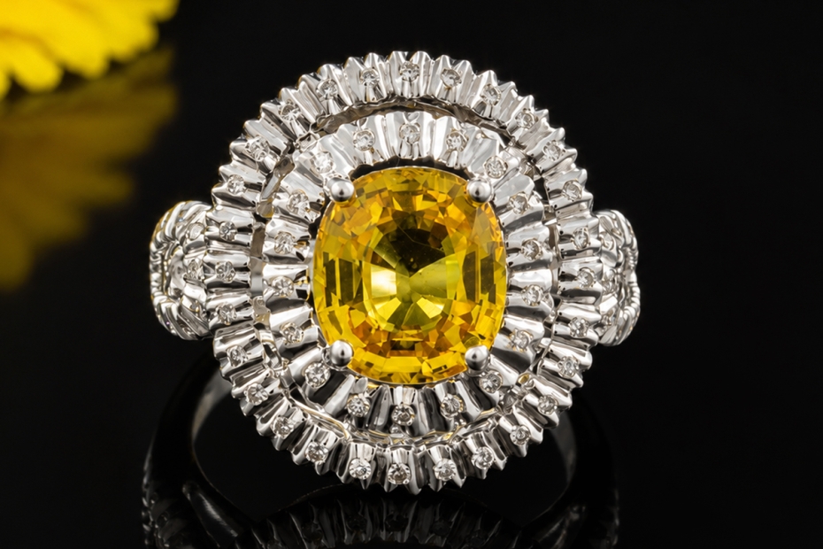 Cocktailring Gelber Saphir mit Diamanten Ring in Weißgold 750 Handarbeit 