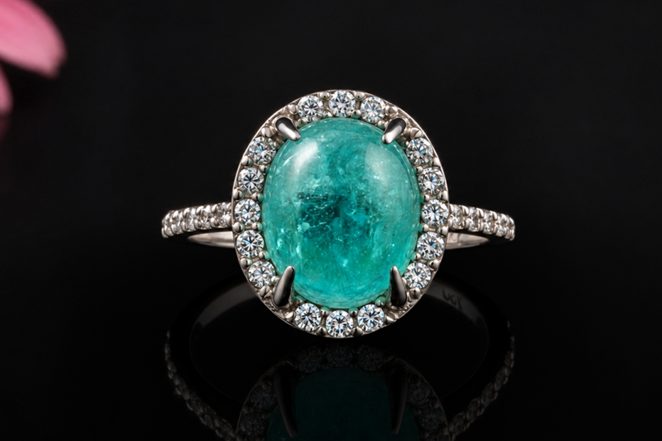 Ring mit Paraiba Turmalin Cabochon 5 Ct. und Diamanten in 750er Weißgold 