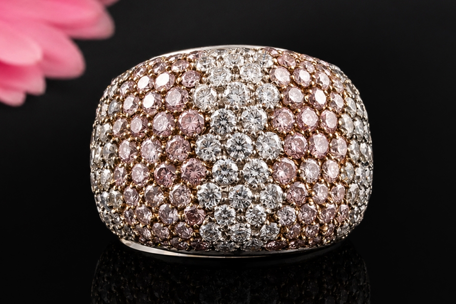 Massiver Designer Ring mit farbigem Diamant-Pavé in Weißgold 750 Arbeit 