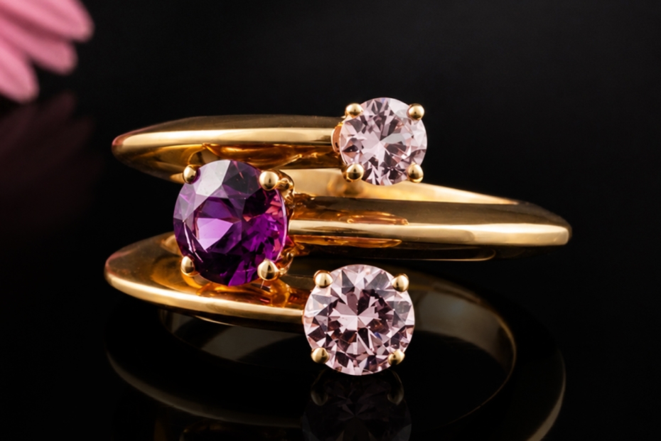 Designer Ring mit 3 violett und rosafarbenen Granaten in 750er Gelbgold 