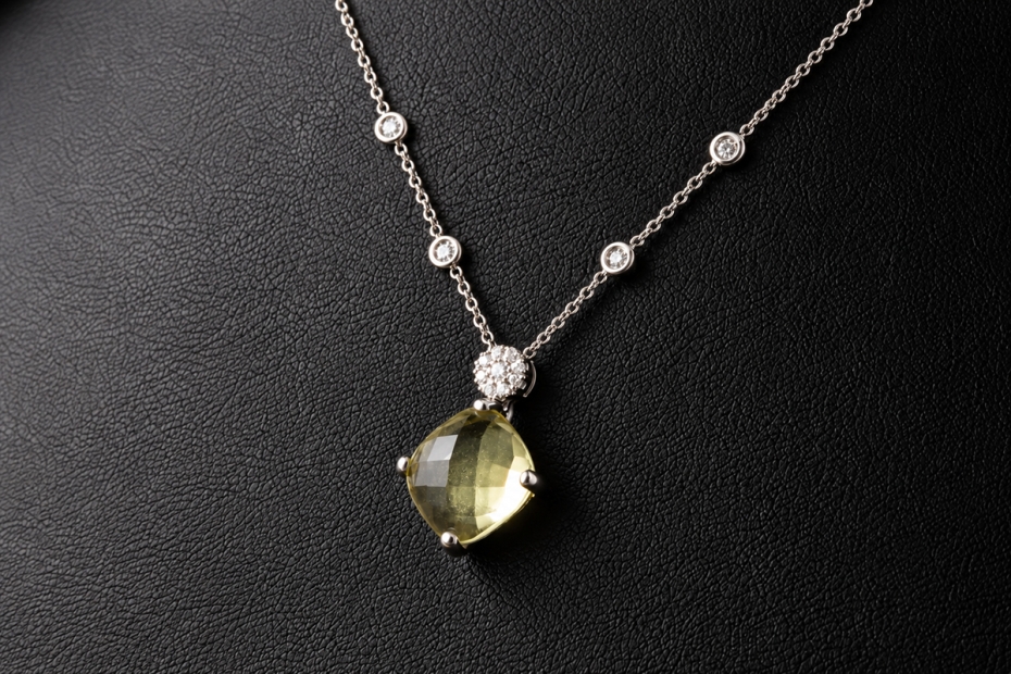 Gress-Rinck Collier Lemon-Citrin und Diamanten 750er Weißgold Handarbeit 