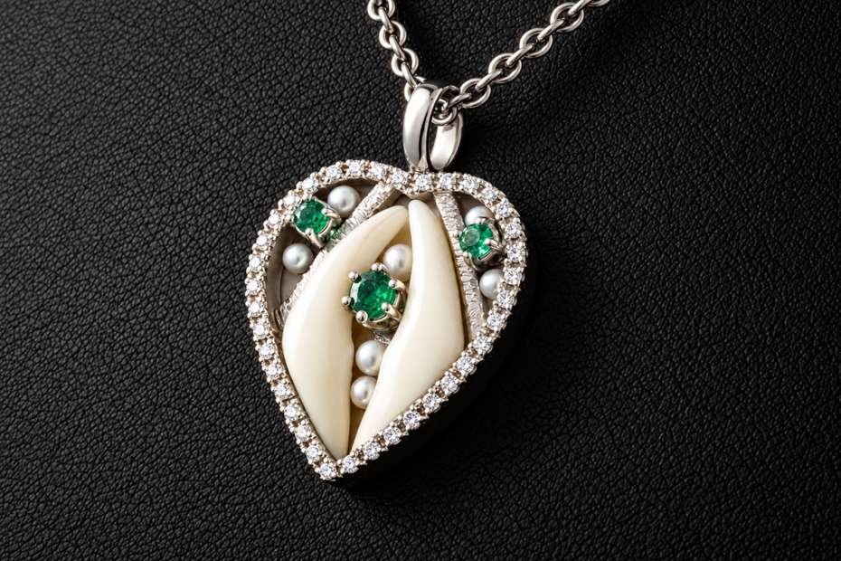 Traditionelles Jagdschmuck Collier Hollfelder Fuchszahnherz in Weißgold 