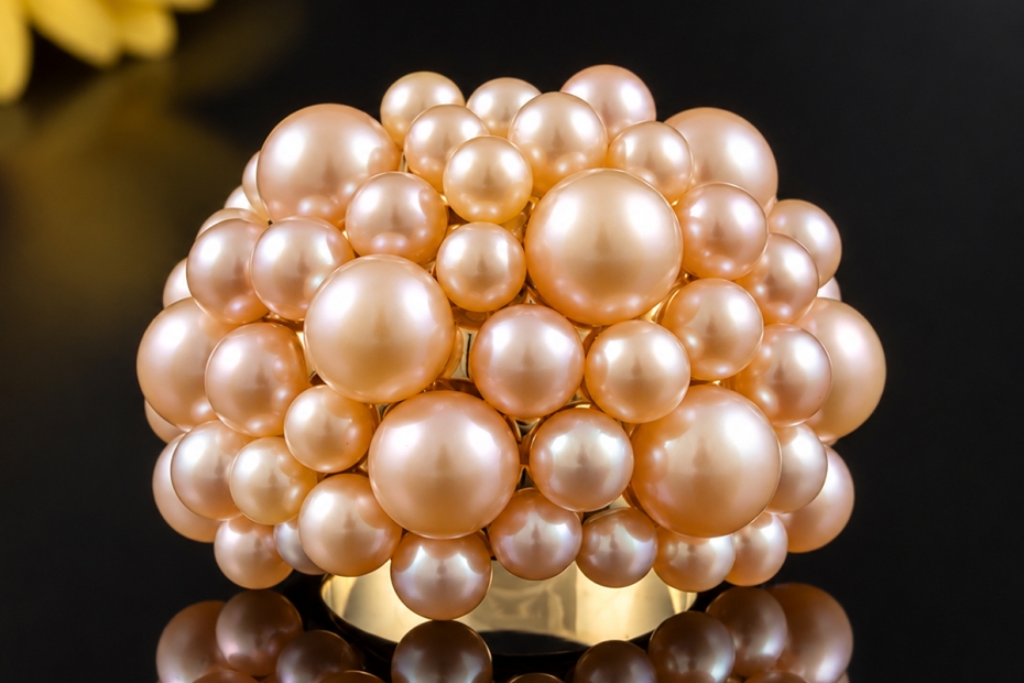 MIMÍ Milano Cocktail Ring Statement mit Rosa Perlen Massiv Gelbgold 750 