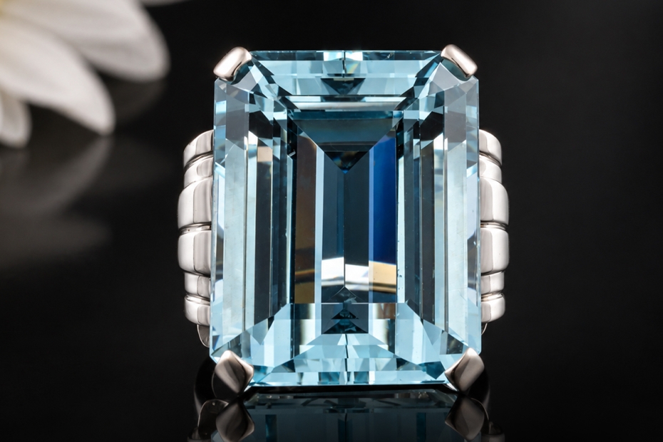 Großer Cocktailring 30 Carat Aquamarin im Emerald Cut in 558er Weißgold 