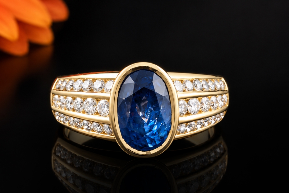 Ovaler Saphir Ring mit Diamanten in 750er Gelbgold Goldschmiedearbeit 