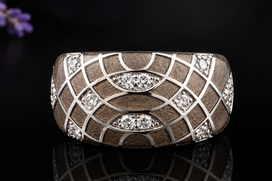 Leo Wittwer Ring mit Emaille Braun - Grau und Diamanten in Weißgold 750 