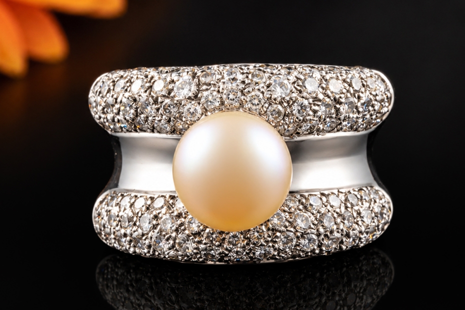 Exklusiver Weißgold Cocktailring Champagnerfarbene Perle und Diamanten 