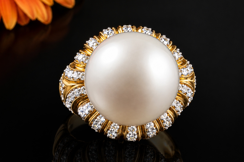 Prachtvoller Cocktailring mit Südseeperle und Diamanten in Gelbgold 750 