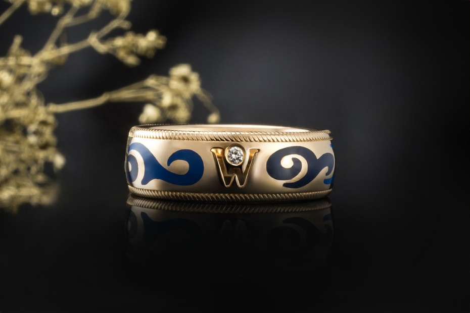 Wellendorff Vintage Ring mit blauer Emaille und Diamant in Gelbgold 750 