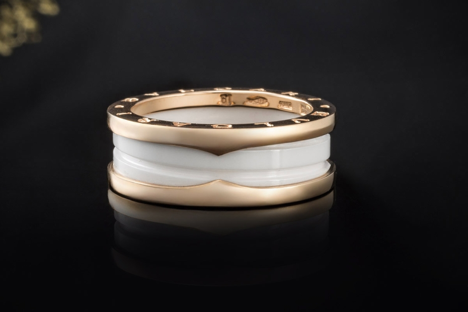 BVLGARI B.zero1 2-Band Ring Weiße Keramik und 750er Roségold Größe 61 