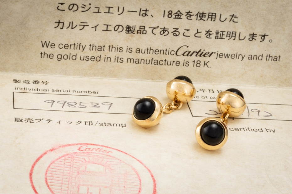 Cartier Manschettenknöpfe mit Onyx Kugeln Schwarz Gelbgold 750 Full Set 