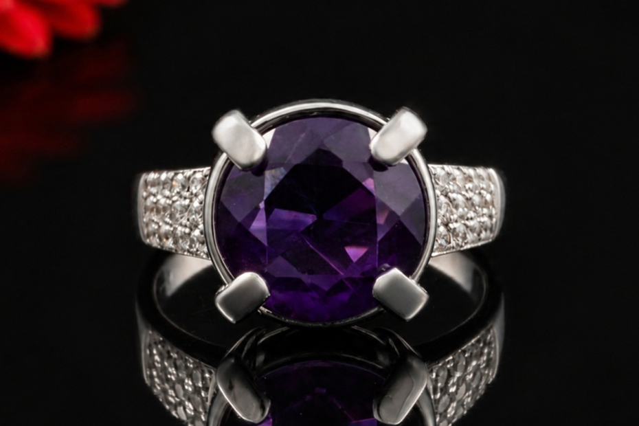Hollfelder Ring mit facettiertem Amethyst und Diamanten in Weißgold 750 