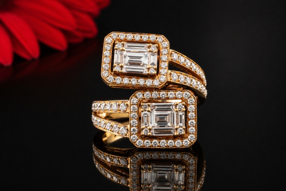 Double Baguette Ring eckig mit Diamanten und Brillanten in Roségold 750 
