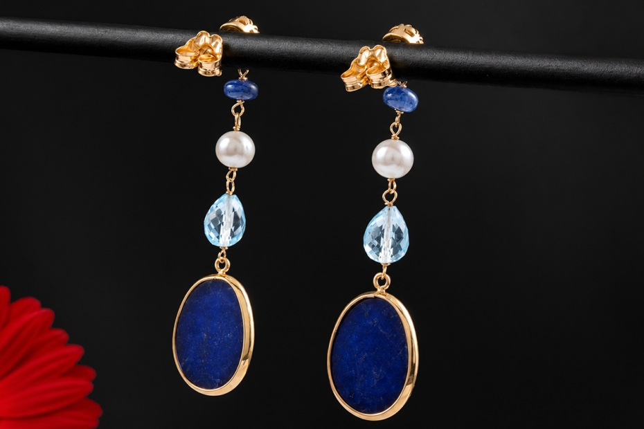 Lange Zoccai Ohrringe Ohrhänger Blau Aquamarin Perle Diamant in Roségold 